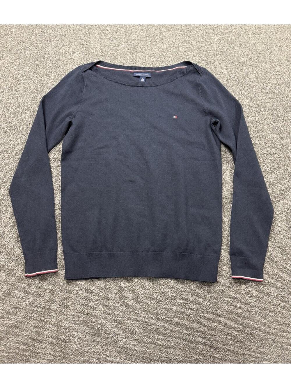 Tommy Hilfiger Sweater Womens XS Boat Neck Long Sleeve Pullover Navy Y2K Style